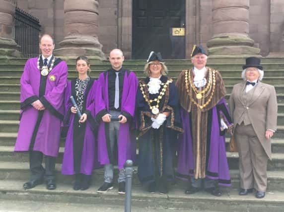 At a ceremony at the Town Hall , two applicants were admitted as Freemen of Berwick-upon-Tweed.
Pictured are (left-to-right): Mr Michael Herriott (Chairman of the Guild), Kelly Anne Hamblin, Simon Hamblin (newly admitted Freemen) Ms Jude Eltringham (Sheriff), Councillor Brian Douglas (Town Mayor) Mrs Joyce Benton (Sergeant-at-Mace).