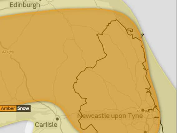 The Met Office amber weather warning of snow tonight covers Northumberland.