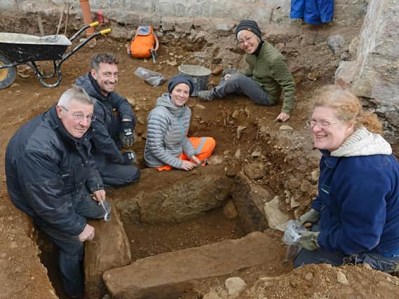 Roger Miket, Steven Turtle, Sarah Winlow, Amy Hitosubashi and Karen Derham at the archaeological dig at The Tankerville Arms in Wooler. 
Picture by Jane Coltman