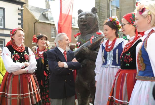 Crowds gathered in Duns Market Square for the unveiling of a statue of Wojtek the solider bear, a gift from twin town of Zagan in Poland.