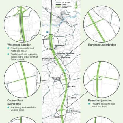 The green option for dualling from Morpeth to Felton.