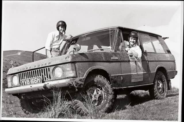 Roger Crathorn (left) and Taff Evans with the victorious Range Rover on its first hillrally outing in 1971