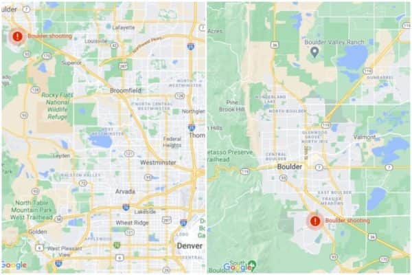 This map shows where the shooting took place, in relation to the state capital of Colorado, Denver (Image: Google)